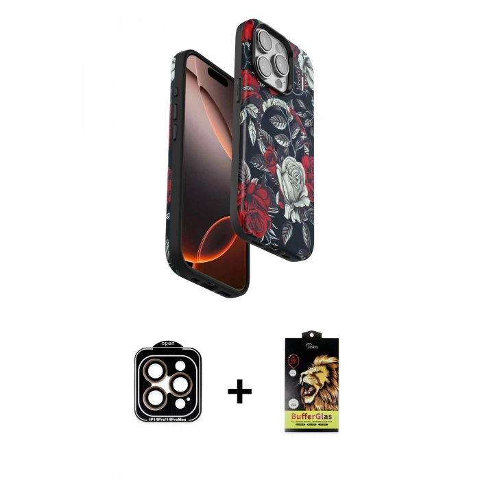MARSİLYAN™- iPhone 14 Pro Max Kılıf Siluet Doku - Siyah Buffer Cam Ekran Koruyucu + PVD Metal Kamera Lens - TU
