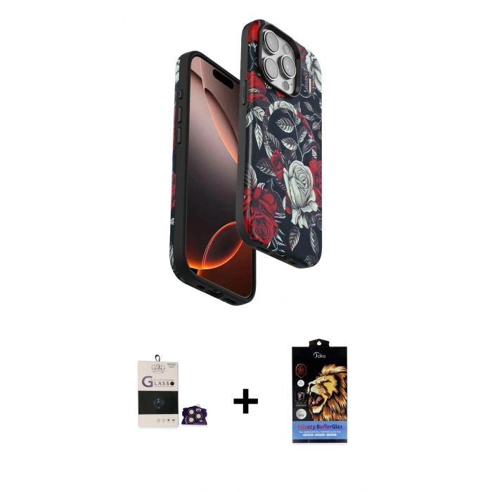 MARSİLYAN™- iPhone 14 Pro Max Kılıf Siluet Doku - Siyah Buffer Hayalet Cam Ekran Koruyucu + Bilvis Titan Kamera Lens - GD