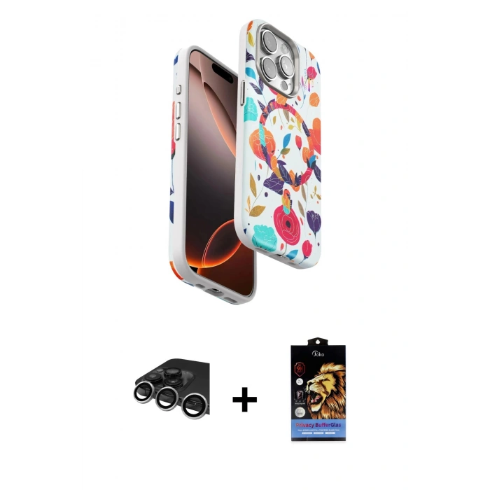 MARSİLYAN™- iPhone 14 Pro Max Kılıf Siluet Doku - Siyah Buffer Hayalet Cam Ekran Koruyucu + Gümüş Raze Metal Kamera Lens
