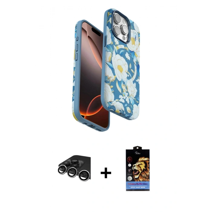 MARSİLYAN™- iPhone 14 Pro Max Kılıf Siluet Doku - Siyah Buffer Hayalet Cam Ekran Koruyucu + Gümüş Raze Metal Kamera Lens