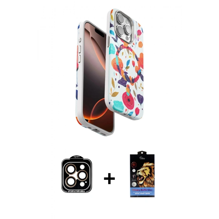 MARSİLYAN™- iPhone 14 Pro Max Kılıf Siluet Doku - Siyah Buffer Hayalet Cam Ekran Koruyucu + PVD Metal Kamera Lens - TU