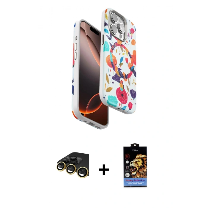 MARSİLYAN™- iPhone 14 Pro Max Kılıf Siluet Doku - Siyah Buffer Hayalet Cam Ekran Koruyucu + Raze Metal Kamera Lens - GD