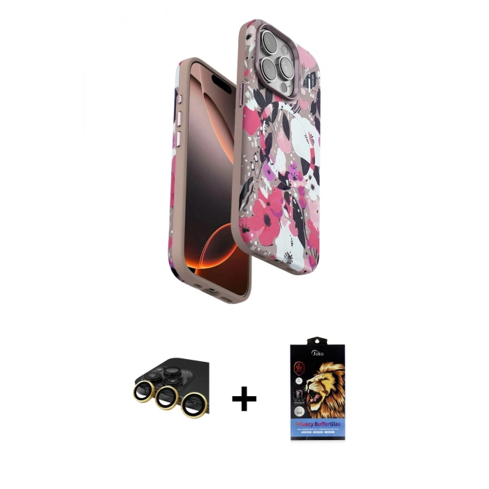 MARSİLYAN™- iPhone 14 Pro Max Kılıf Siluet Doku - Siyah Buffer Hayalet Cam Ekran Koruyucu + Raze Metal Kamera Lens - GD
