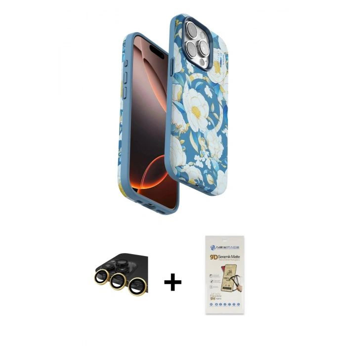 MARSİLYAN™- iPhone 14 Pro Max Kılıf Siluet Doku - Siyah Mat Seramik Nano Ekran Koruyucu + Raze Metal Kamera Lens - GD
