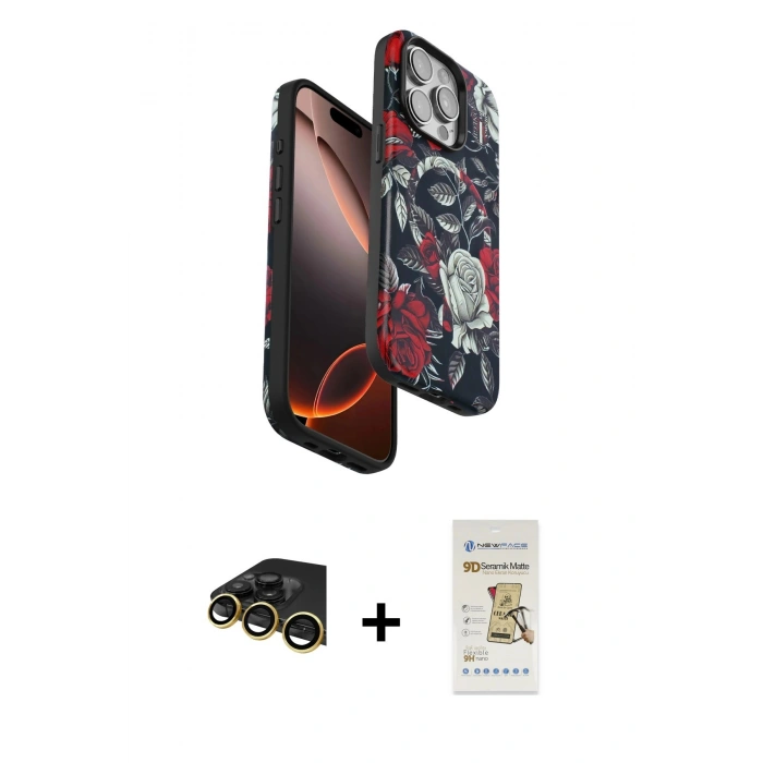 MARSİLYAN™- iPhone 14 Pro Max Kılıf Siluet Doku - Siyah Mat Seramik Nano Ekran Koruyucu + Raze Metal Kamera Lens - GD