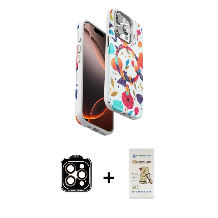 MARSİLYAN™- iPhone 14 Pro Max Kılıf Siluet Doku - Siyah Mat Seramik Nano Ekran Koruyucu + PVD Metal Kamera Lens - TU