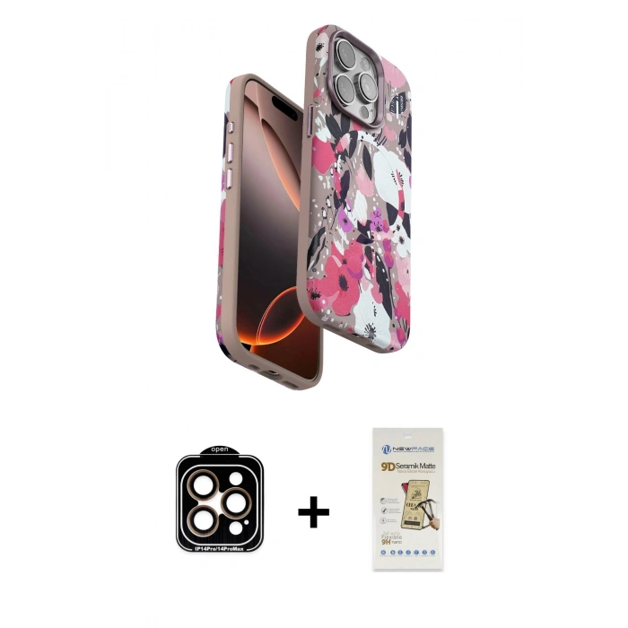 MARSİLYAN™- iPhone 14 Pro Max Kılıf Siluet Doku - Siyah Mat Seramik Nano Ekran Koruyucu + PVD Metal Kamera Lens - TU