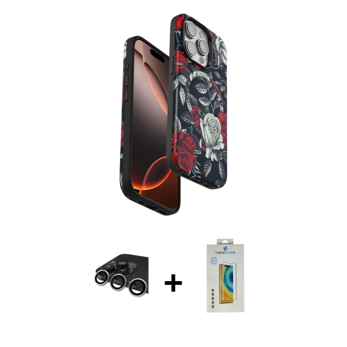 MARSİLYAN™- iPhone 14 Pro Max Kılıf Siluet Doku - Siyah Polymer Nano Ekran Koruyucu + Raze Metal Kamera Lens - GS