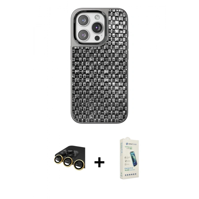 MARSİLYAN™- iPhone 14 Pro Max Kılıf Siluet Form Serisi - Şeffaf Pasifik Cam Ekran Koruyucu + Gold Raze Metal Kamera Lens