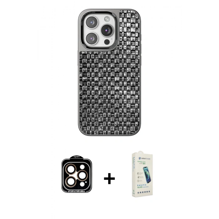 MARSİLYAN™- iPhone 14 Pro Max Kılıf Siluet Form Serisi - Şeffaf Pasifik Cam Ekran Koruyucu + Turuncu PVD Metal Kamera Lens