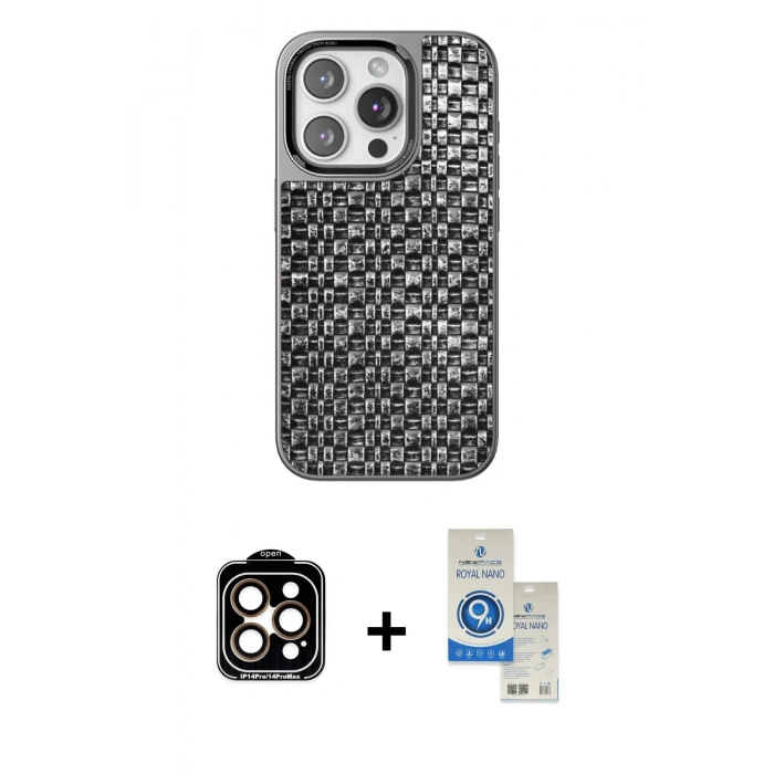 MARSİLYAN™- iPhone 14 Pro Max Kılıf Siluet Form Serisi - Şeffaf Royal Nano Ekran Koruyucu + PVD Metal Kamera Lens - TU