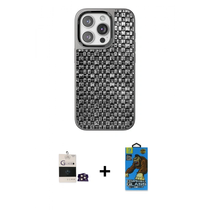 MARSİLYAN™- iPhone 14 Pro Max Kılıf Siluet Form Serisi - Siyah 18D Cam Ekran Koruyucu + Bilvis Titan Kamera Lens - GD