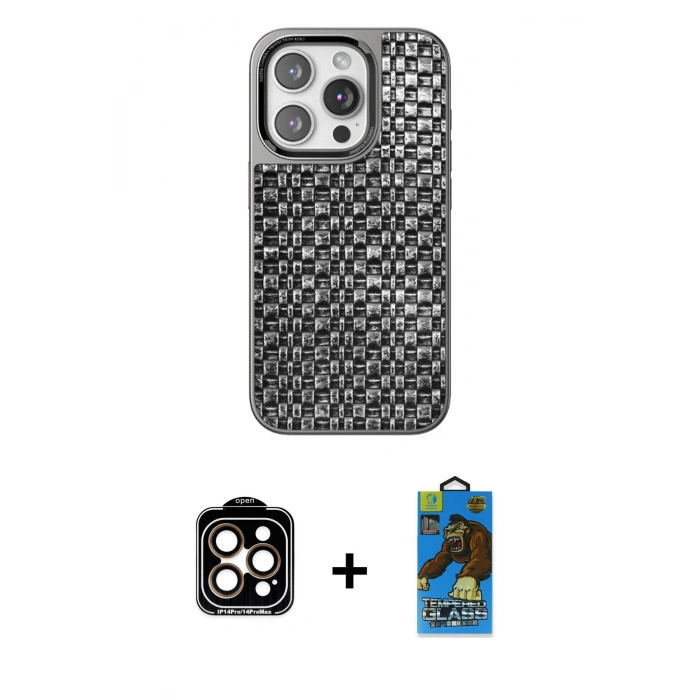 MARSİLYAN™- iPhone 14 Pro Max Kılıf Siluet Form Serisi - Siyah 18D Cam Ekran Koruyucu + PVD Metal Kamera Lens - TU