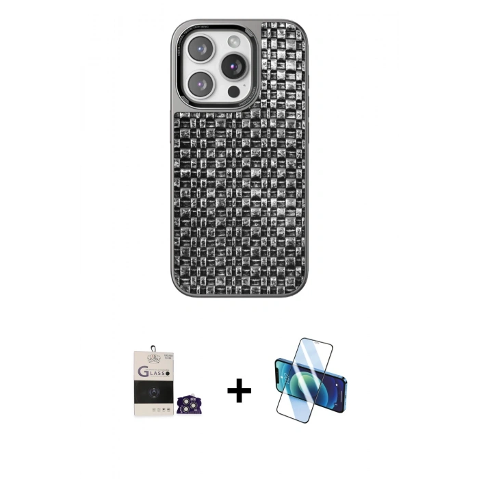 MARSİLYAN™- iPhone 14 Pro Max Kılıf Siluet Form Serisi - Siyah 3D Antistatik Cam Ekran Koruyucu + Gümüş Bilvis Titan Kamera Lens