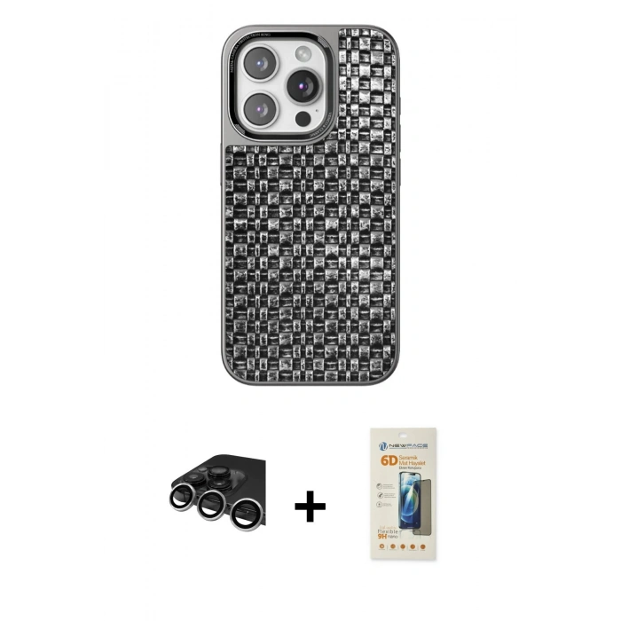 MARSİLYAN™- iPhone 14 Pro Max Kılıf Siluet Form Serisi - Siyah 6D Mat Seramik Hayalet Nano Ekran Koruyucu + Raze Metal Kamera Lens - GS