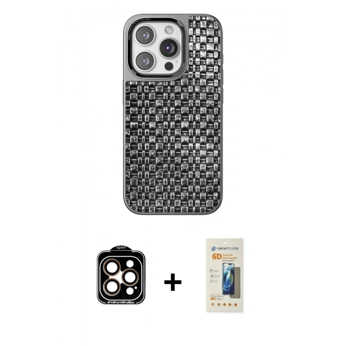 MARSİLYAN™- iPhone 14 Pro Max Kılıf Siluet Form Serisi - Siyah 6D Mat Seramik Hayalet Nano Ekran Koruyucu + PVD Metal Kamera Lens - TU