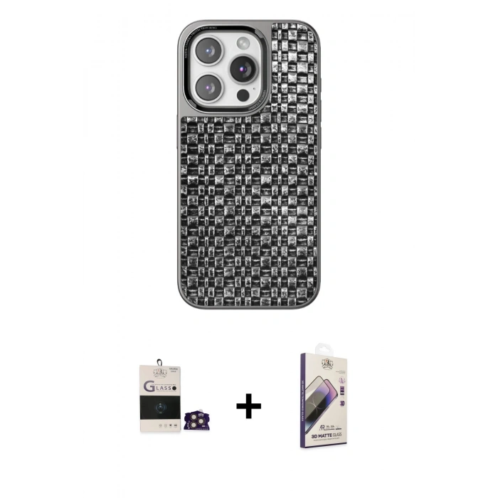 MARSİLYAN™- iPhone 14 Pro Max Kılıf Siluet Form Serisi - Siyah Bilvis 3D Mat Cam Ekran Koruyucu + Bilvis Titan Kamera Lens - GD