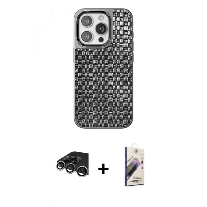 MARSİLYAN™- iPhone 14 Pro Max Kılıf Siluet Form Serisi - Siyah Bilvis 3D Mat Cam Ekran Koruyucu + Raze Metal Kamera Lens - GS