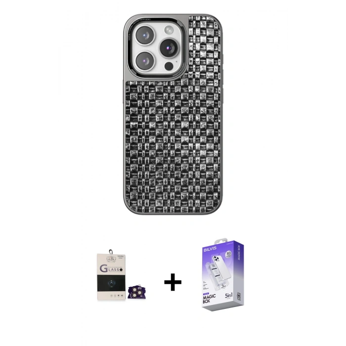 MARSİLYAN™- iPhone 14 Pro Max Kılıf Siluet Form Serisi - Siyah Bilvis 5in1 3D Magic Cam Ekran Koruyucu + Bilvis Titan Kamera Lens - GD