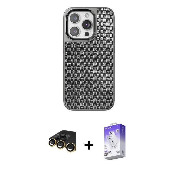 MARSİLYAN™- iPhone 14 Pro Max Kılıf Siluet Form Serisi - Siyah Bilvis 5in1 3D Magic Cam Ekran Koruyucu + Raze Metal Kamera Lens - GD