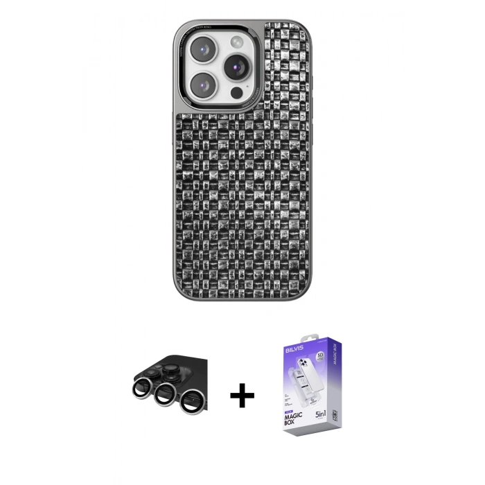 MARSİLYAN™- iPhone 14 Pro Max Kılıf Siluet Form Serisi - Siyah Bilvis 5in1 3D Magic Cam Ekran Koruyucu + Raze Metal Kamera Lens - GS