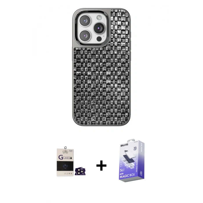 MARSİLYAN™- iPhone 14 Pro Max Kılıf Siluet Form Serisi - Siyah Bilvis 5in1 5D Magic Hayalet Cam Ekran Koruyucu + Bilvis Titan Kamera Lens - DNMR