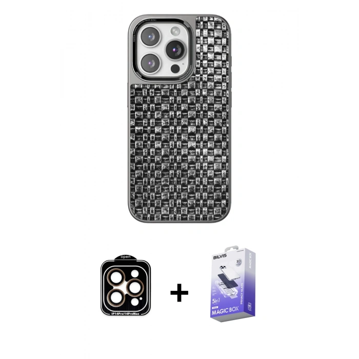 MARSİLYAN™- iPhone 14 Pro Max Kılıf Siluet Form Serisi - Siyah Bilvis 5in1 5D Magic Hayalet Cam Ekran Koruyucu + Turuncu PVD Metal Kamera Lens