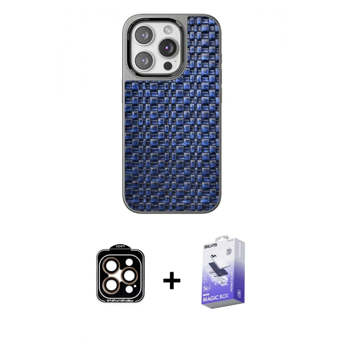 MARSİLYAN™- iPhone 14 Pro Max Kılıf Siluet Form Serisi - Siyah Bilvis 5in1 5D Magic Hayalet Cam Ekran Koruyucu + Turuncu PVD Metal Kamera Lens