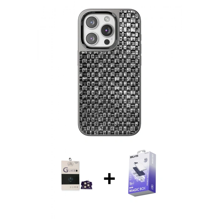 MARSİLYAN™- iPhone 14 Pro Max Kılıf Siluet Form Serisi - Siyah Bilvis 5in1 5D Magic Hayalet Cam Ekran Koruyucu + Bilvis Titan Kamera Lens - GD