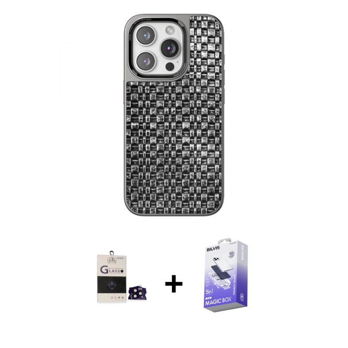 MARSİLYAN™- iPhone 14 Pro Max Kılıf Siluet Form Serisi - Siyah Bilvis 5in1 5D Magic Hayalet Cam Ekran Koruyucu + Bilvis Titan Kamera Lens - SH