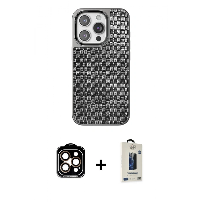 MARSİLYAN™- iPhone 14 Pro Max Kılıf Siluet Form Serisi - Siyah Bilvis Hayalet Cam Ekran Koruyucu + PVD Metal Kamera Lens - TU
