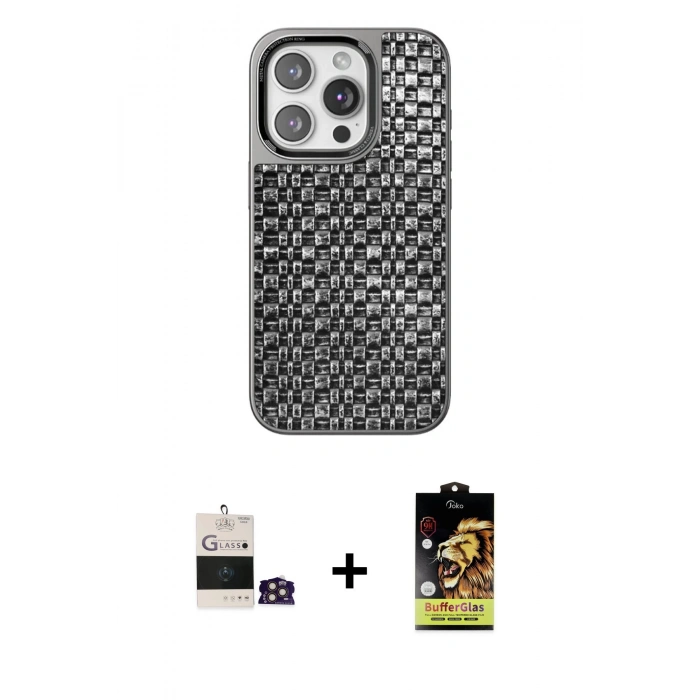 MARSİLYAN™- iPhone 14 Pro Max Kılıf Siluet Form Serisi - Siyah Buffer Cam Ekran Koruyucu + Gold Bilvis Titan Kamera Lens