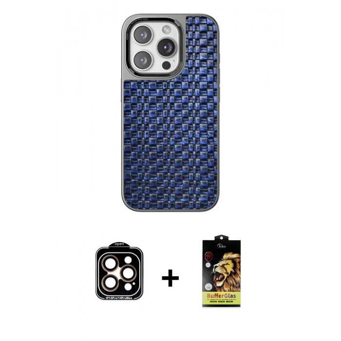 MARSİLYAN™- iPhone 14 Pro Max Kılıf Siluet Form Serisi - Siyah Buffer Cam Ekran Koruyucu + PVD Metal Kamera Lens - TU