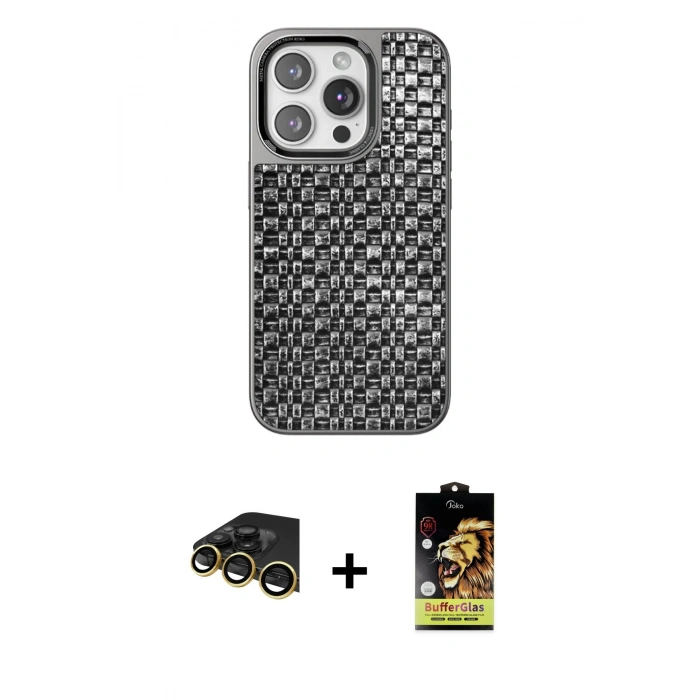 MARSİLYAN™- iPhone 14 Pro Max Kılıf Siluet Form Serisi - Siyah Buffer Cam Ekran Koruyucu + Raze Metal Kamera Lens - GD