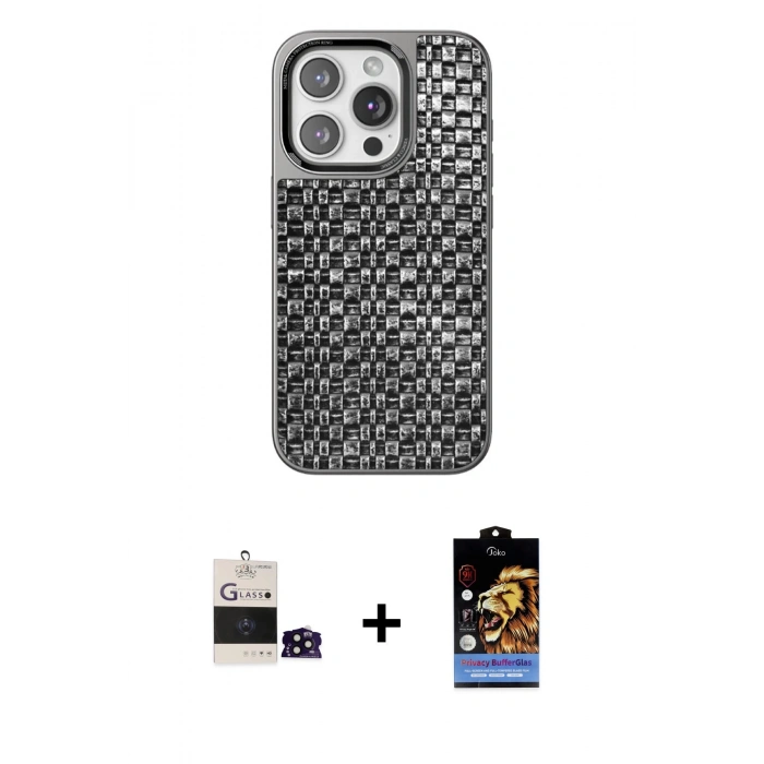 MARSİLYAN™- iPhone 14 Pro Max Kılıf Siluet Form Serisi - Siyah Buffer Hayalet Cam Ekran Koruyucu + Bilvis Titan Kamera Lens - SH