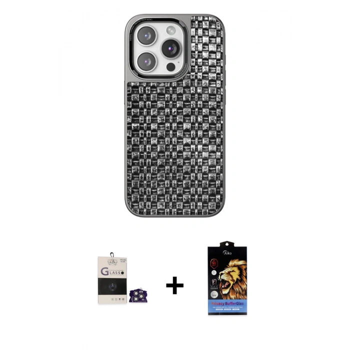 MARSİLYAN™- iPhone 14 Pro Max Kılıf Siluet Form Serisi - Siyah Buffer Hayalet Cam Ekran Koruyucu + Bilvis Titan Kamera Lens - GS