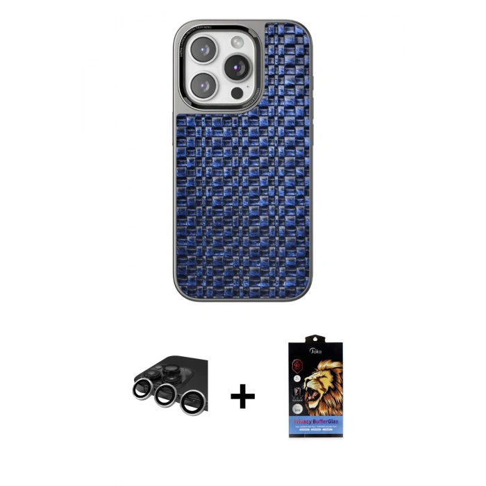 MARSİLYAN™- iPhone 14 Pro Max Kılıf Siluet Form Serisi - Siyah Buffer Hayalet Cam Ekran Koruyucu + Gümüş Raze Metal Kamera Lens