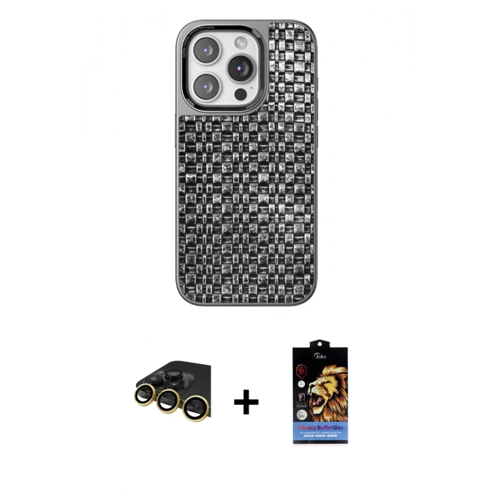 MARSİLYAN™- iPhone 14 Pro Max Kılıf Siluet Form Serisi - Siyah Buffer Hayalet Cam Ekran Koruyucu + Raze Metal Kamera Lens - GD