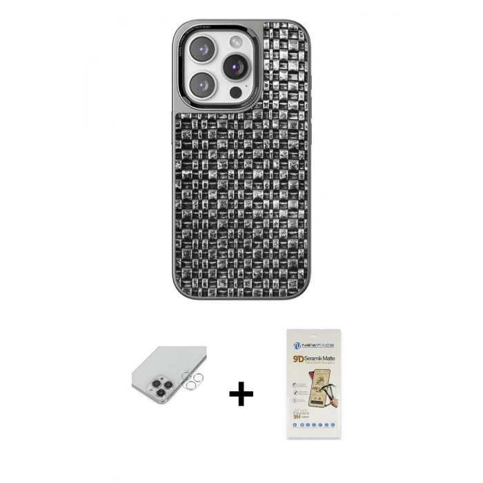 MARSİLYAN™- iPhone 14 Pro Max Kılıf Siluet Form Serisi - Siyah Mat Seramik Nano Ekran Koruyucu + Band Metal Kamera Lens - GS