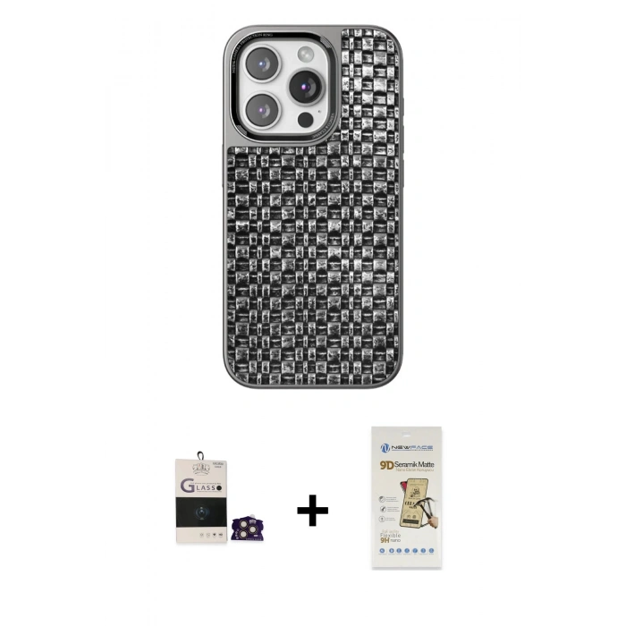 MARSİLYAN™- iPhone 14 Pro Max Kılıf Siluet Form Serisi - Siyah Mat Seramik Nano Ekran Koruyucu + Bilvis Titan Kamera Lens - GD