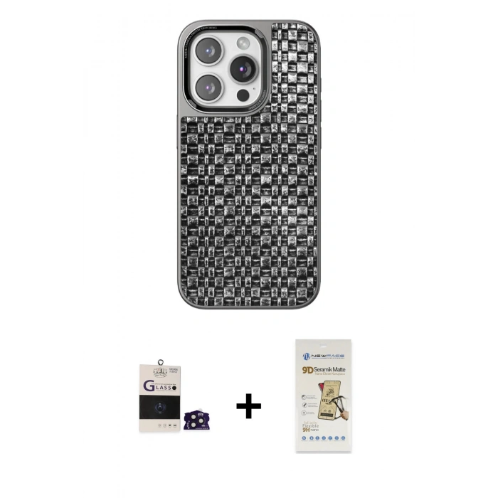 MARSİLYAN™- iPhone 14 Pro Max Kılıf Siluet Form Serisi - Siyah Mat Seramik Nano Ekran Koruyucu + Bilvis Titan Kamera Lens - DNMR