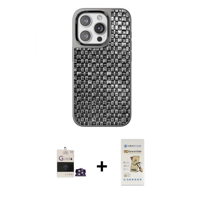MARSİLYAN™- iPhone 14 Pro Max Kılıf Siluet Form Serisi - Siyah Mat Seramik Nano Ekran Koruyucu + Bilvis Titan Kamera Lens - GS