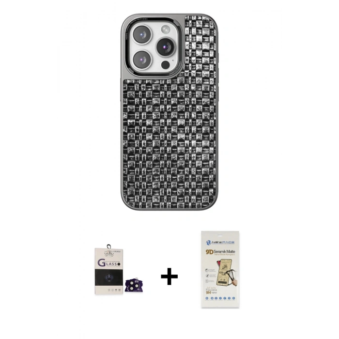 MARSİLYAN™- iPhone 14 Pro Max Kılıf Siluet Form Serisi - Siyah Mat Seramik Nano Ekran Koruyucu + Bilvis Titan Kamera Lens - SH