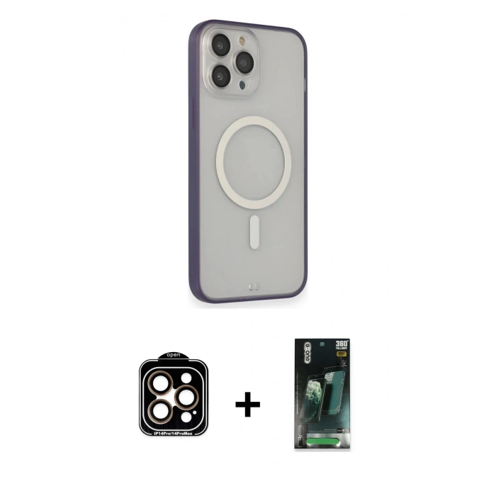 MARSİLYAN™- iPhone 14 Pro Max Kılıf Siluet Işık Koleksiyonu - Şeffaf 360 Full Body Arka Koruyucu + Turuncu PVD Metal Kamera Lens