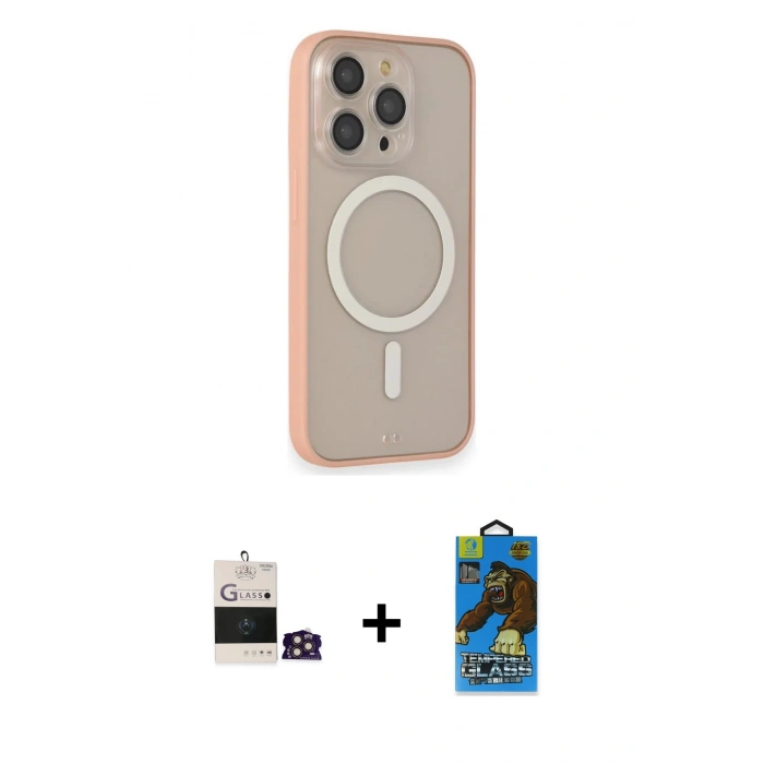 MARSİLYAN™- iPhone 14 Pro Max Kılıf Siluet Işık Koleksiyonu - Siyah 18D Cam Ekran Koruyucu + Gold Bilvis Titan Kamera Lens