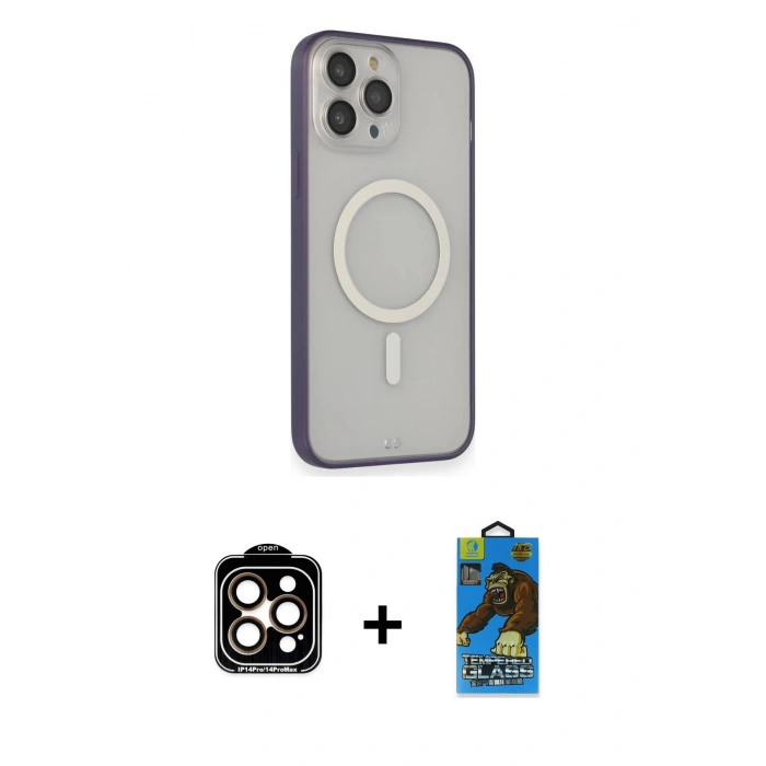 MARSİLYAN™- iPhone 14 Pro Max Kılıf Siluet Işık Koleksiyonu - Siyah 18D Cam Ekran Koruyucu + PVD Metal Kamera Lens - TU