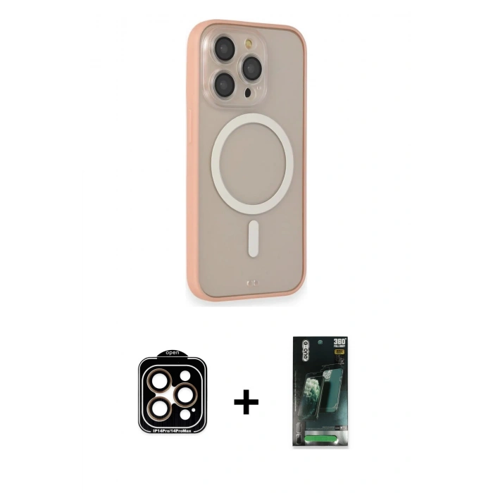 MARSİLYAN™- iPhone 14 Pro Max Kılıf Siluet Işık Koleksiyonu - Siyah 360 Mat Full Body Arka Koruyucu + Turuncu PVD Metal Kamera Lens