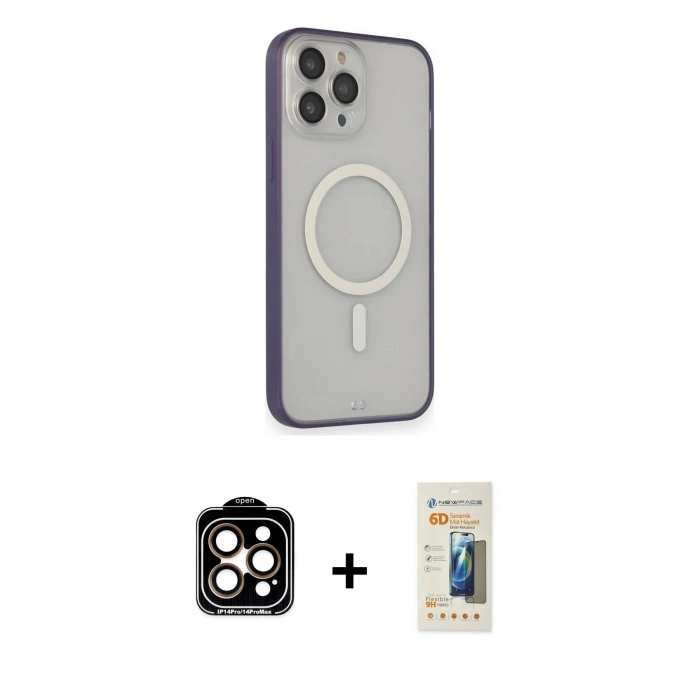 MARSİLYAN™- iPhone 14 Pro Max Kılıf Siluet Işık Koleksiyonu - Siyah 6D Mat Seramik Hayalet Nano Ekran Koruyucu + PVD Metal Kamera Lens - TU