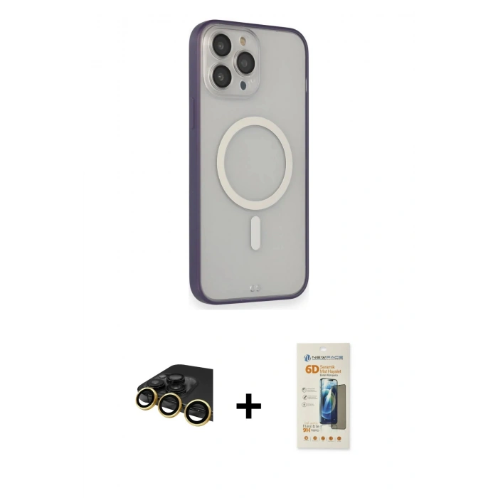 MARSİLYAN™- iPhone 14 Pro Max Kılıf Siluet Işık Koleksiyonu - Siyah 6D Mat Seramik Hayalet Nano Ekran Koruyucu + Gold Raze Metal Kamera Lens