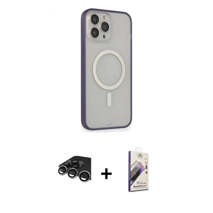 MARSİLYAN™- iPhone 14 Pro Max Kılıf Siluet Işık Koleksiyonu - Siyah Bilvis 3D Mat Cam Ekran Koruyucu + Raze Metal Kamera Lens - GS